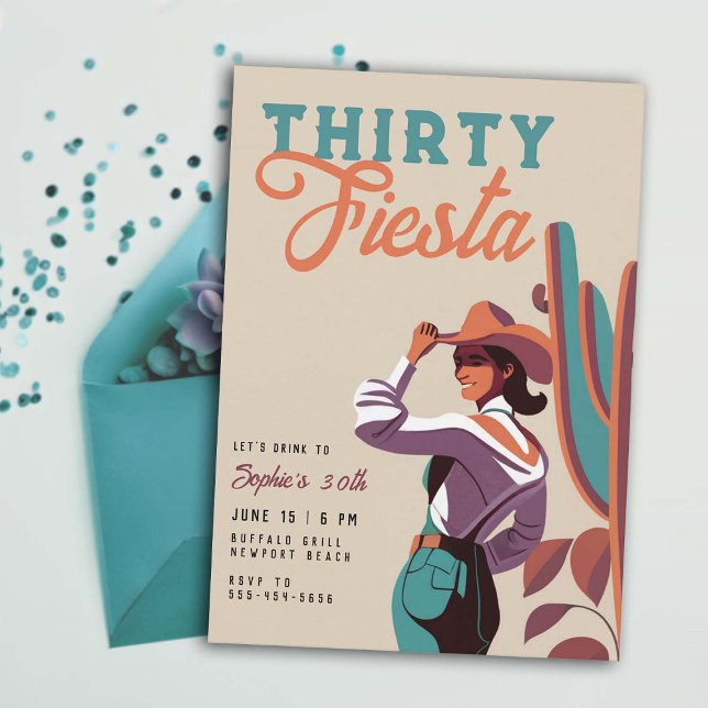 30 Fiesta Retro Country Western 30. Geburtstag Einladung (thirty fiesta 30 birthday party invitation women country western southwestern desert cactus teal )