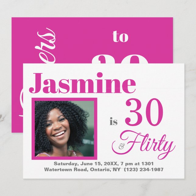 30 & Flirty Rose Anniversaire Photo Invitation (Devant / Derrière)