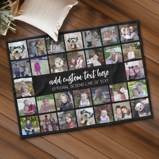 30 Foto Collage Grid - 2 Textfelder - Schwarz-weiß Fleecedecke