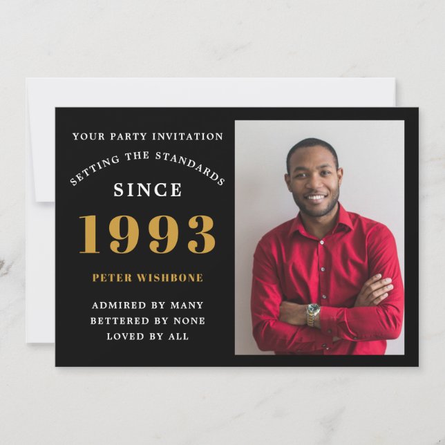 30. Geburtstag 1993 Name Foto Black Gold Einladung (Vorderseite)
