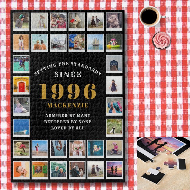 30. Geburtstag 1996 Familien-Erinnerungs-Foto-Coll (1996 Jigsaw photo template. Checked tablecloth background)