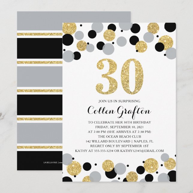 30. Geburtstag Black Gold Gray Glitzer Confetti Einladung (Vorne/Hinten)