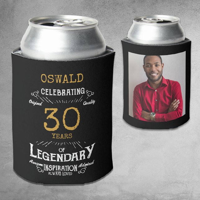 30. Geburtstag Black Gold Legendary Foto Dosenkühler (A personalized elegant 30th birthday can cooler that is easy to customize)
