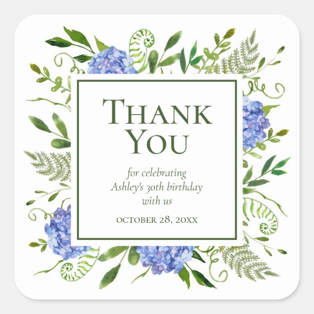 30. Geburtstag Blue Hydrangeas Danke Quadratischer Aufkleber (Vorderseite)