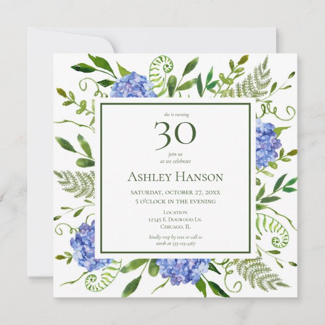 30. Geburtstag Blue Hydrangeas Einladung (Vorderseite)
