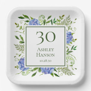 30. Geburtstag Blue Hydrangeas Pappteller