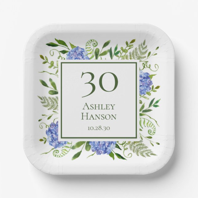30. Geburtstag Blue Hydrangeas Pappteller (Vorderseite)