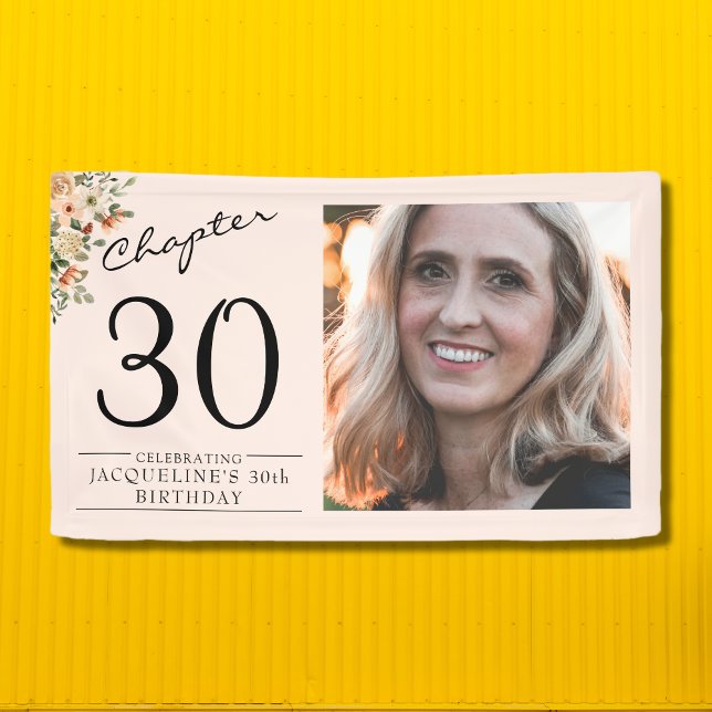30. Geburtstag Blumenrosa Foto Banner (Create your own chic pink floral 30th birthday banner. Add your text and favorite photo.)