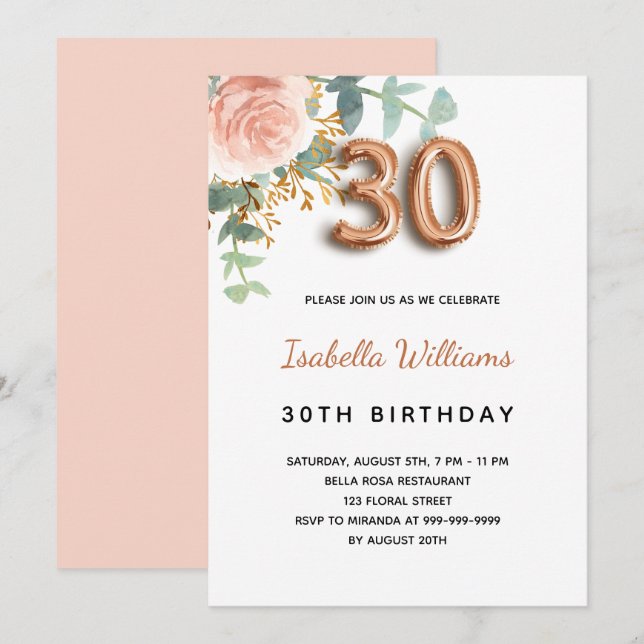 30. Geburtstag Blumenstrauß Rose Goldkalyptusgrün Einladung (Vorne/Hinten)