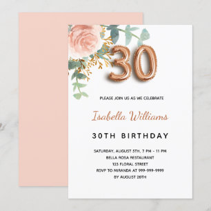 30. Geburtstag Blumenstrauß Rose Goldkalyptusgrün Einladung