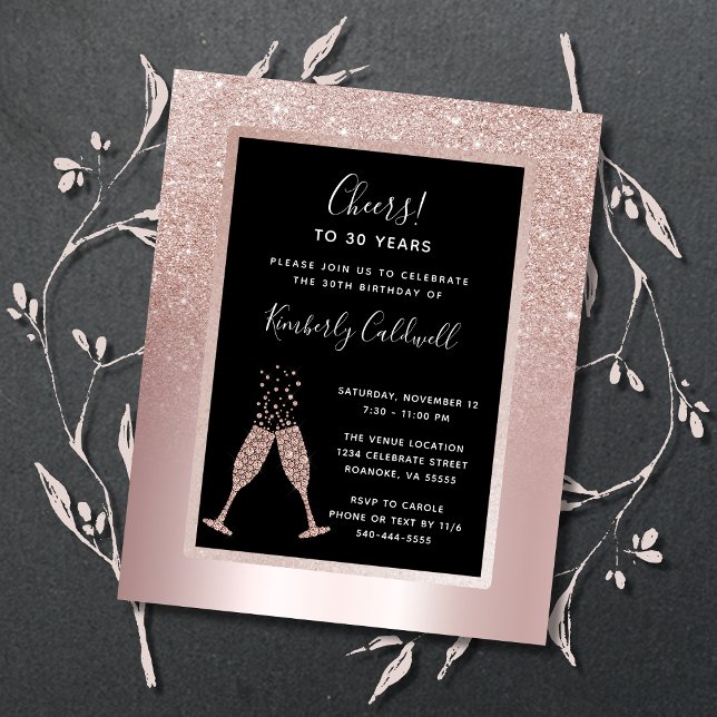 30. Geburtstag Champagne Toast Party Einladung (30th Birthday Party Invitation Blush Rose Gold Glitter Champagne Toast)