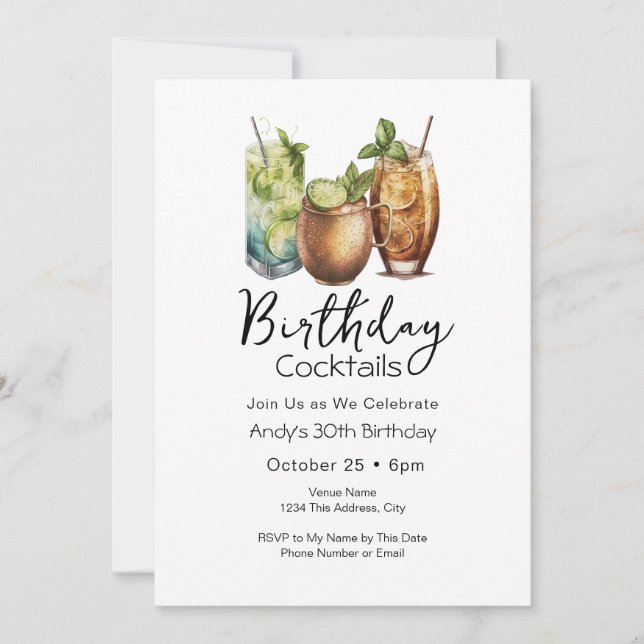 30. Geburtstag Cocktails Lässige Einladung (Vorderseite)