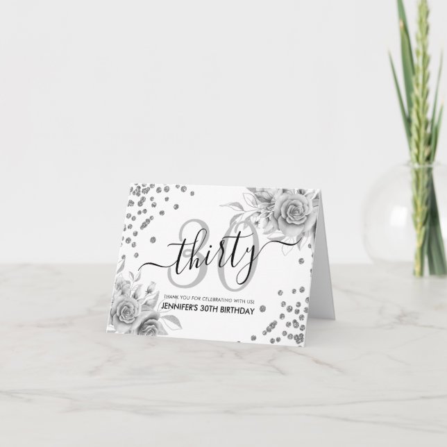 30. Geburtstag Danke Silver Floral Glitzer (Vorderseite)