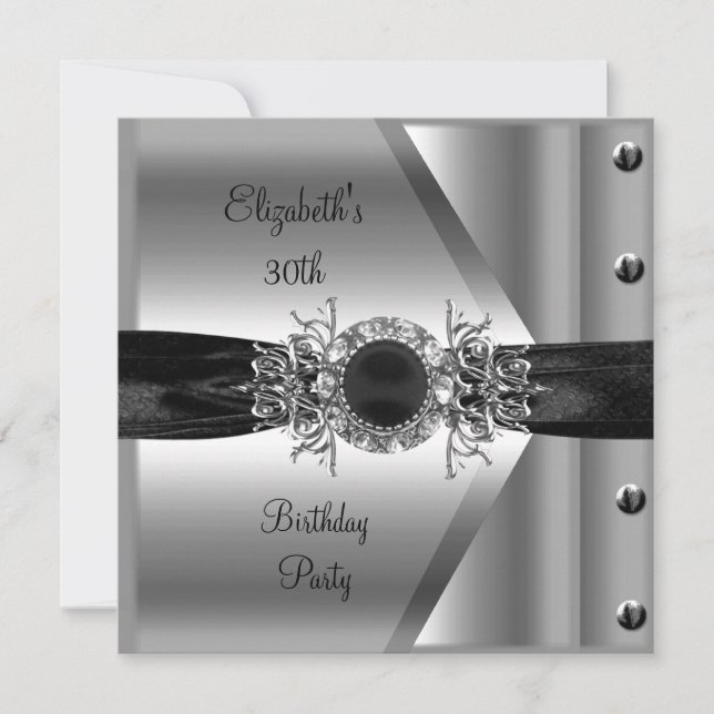 30. Geburtstag Diamond Jewel Schwarz-weiß Silver Einladung (Vorderseite)