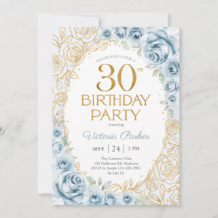 30. Geburtstag Dusty Blue Gold Floral Weiblich Einladung