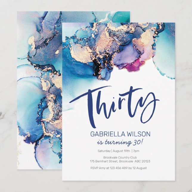 30. Geburtstag Einladung Blaues Abstraktes Wasser (Vorne/Hinten)