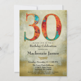 30. Geburtstag Einladung Gold Red Aqua Erwachsene
