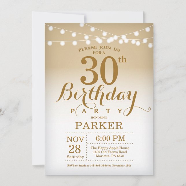30. Geburtstag Einladung Gold String Lights (Vorderseite)