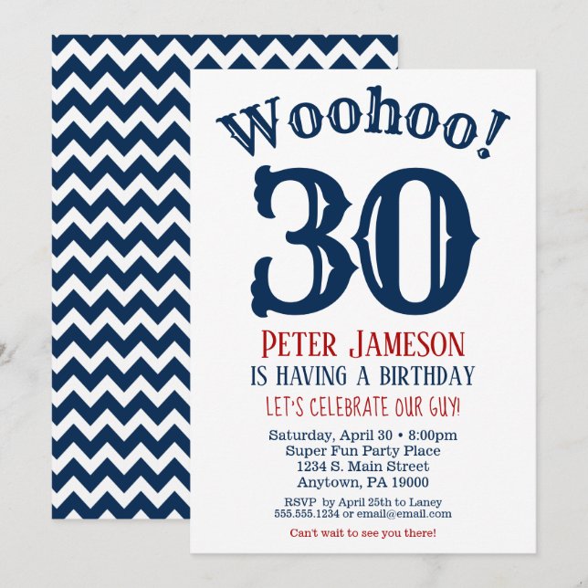 30. Geburtstag Einladung Mens Navy Blue (Vorne/Hinten)
