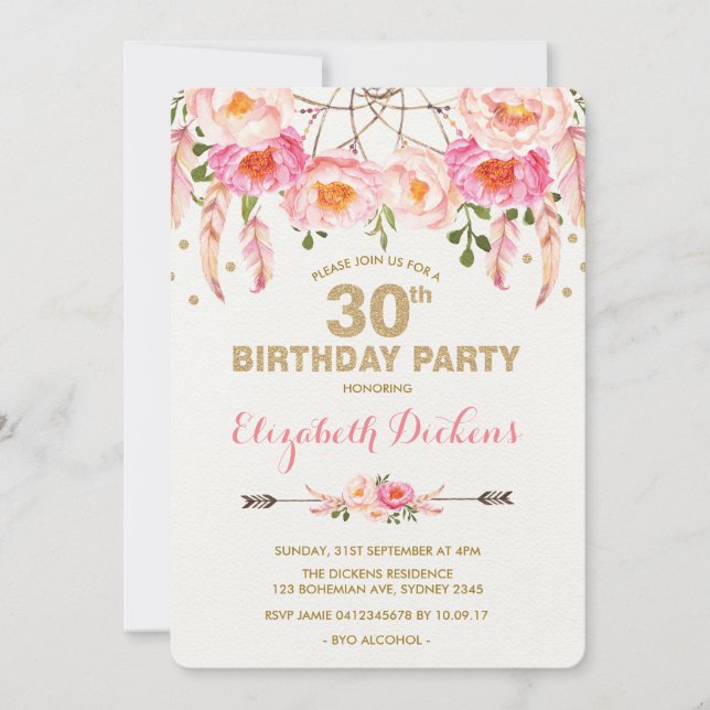 30. Geburtstag Einladung Pink Gold Boho Floral (Vorderseite)