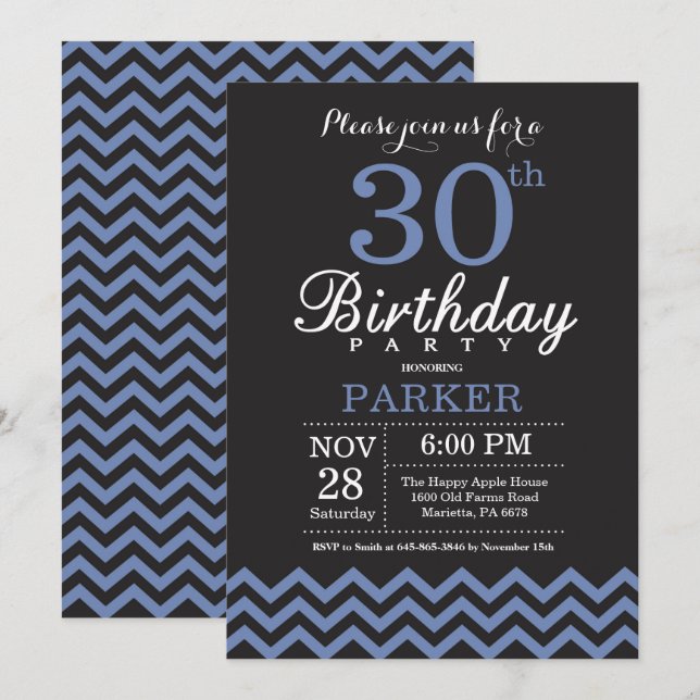 30. Geburtstag Einladung Schwarz und Blau (Vorne/Hinten)