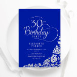 30. Geburtstag Elegant Royal Blue Silver Rose Einladung<br><div class="desc">Einfache elegante 30. Geburtstagsfeier Party Einladung in königsblau und silber. Klassisches Design mit Rose,  Imitaten Silberfolie und Typografie Script Schriftart. Die trendige Einladungskarte eignet sich perfekt für eine stilvolle Damenfeier. Personalisieren Sie Ihre persönlichen Daten. Kann für jedes Alter angepasst werden. Gedruckte Zazzle-Einladungen oder Sofortdownload digitaler Druckvorlage.</div>