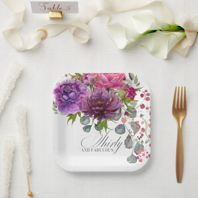 30. Geburtstag, Elegant und Blumen Pappteller (Hochzeit)
