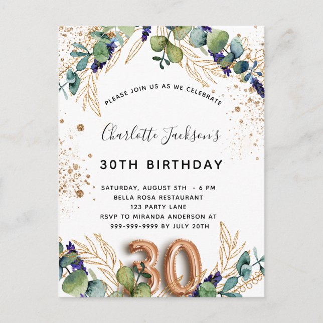 30. Geburtstag Eukalyptusgrün Glitzer elegant Einladungspostkarte (Vorderseite)