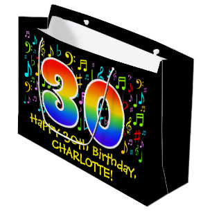30. Geburtstag - Farbige Musiksymbole, Regenbogen  Große Geschenktüte