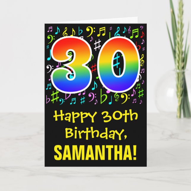 30. Geburtstag: Farbige Musiksymbole + Regenbogen  Karte (Vorderseite)