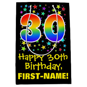 30. Geburtstag: Farbige Sternenmuster & Regenbogen Mittlere Geschenktüte