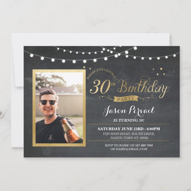 30. Geburtstag Foto Chalk Rustikale Goldeinladung Einladung (Vorderseite)
