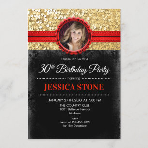 30. Geburtstag Foto Einladung - Gold Black Red