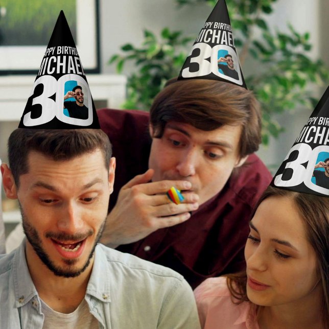 30. Geburtstag Foto personalisiert weiß schwarz Partyhütchen (Von Creator hochgeladen)