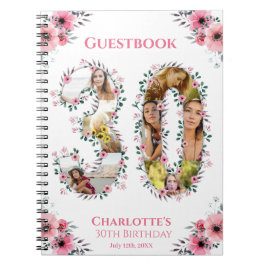 30. Geburtstag Foto Rosa Blume Weißes Gästebuch Notizblock