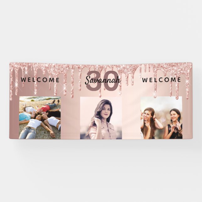 30. Geburtstag Foto Rose Gold Glitzer funkeln Banner (Horizontal)