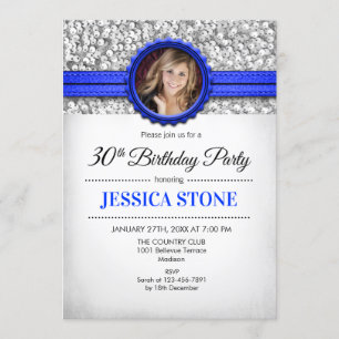 30. Geburtstag Foto - Silver White Royal Blue Einladung