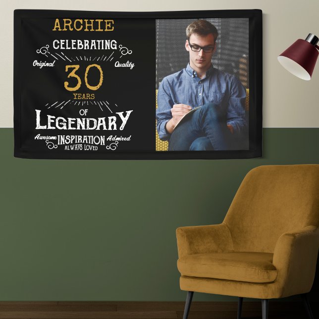30. Geburtstag Foto Vorlage Legendary Banner (Custom 30th birthday wall with name and photo on a two tone green wall.)