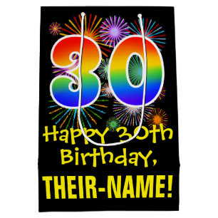 30. Geburtstag: Fun Fireworks Muster + Regenbogen  Mittlere Geschenktüte