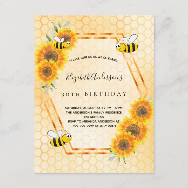 30. Geburtstag gelbe rustikale Sonnenblumen Einlad Postkarte (Vorderseite)