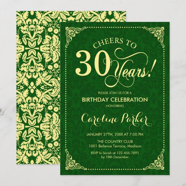 30. Geburtstag - Goldener Damast Einladung (Vorne/Hinten)