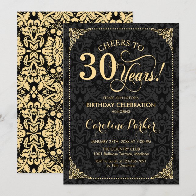30. Geburtstag - Goldschwarzer Damaskus Einladung (Vorne/Hinten)