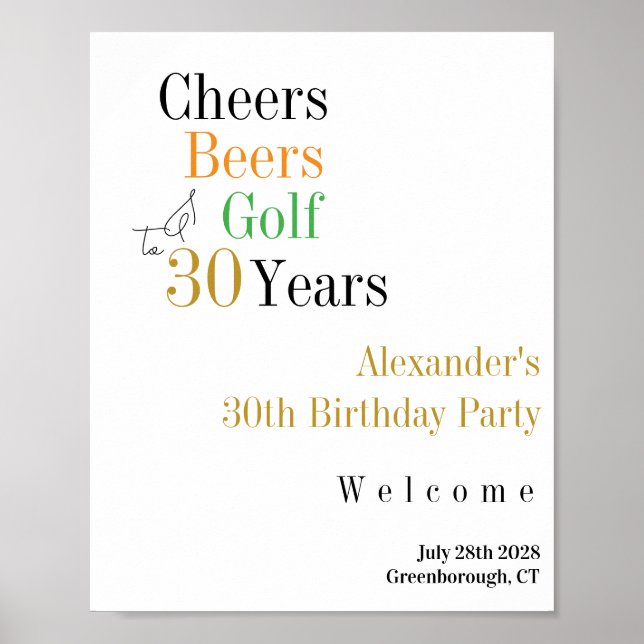 30. Geburtstag Golf Cheers Beers Party Willkommen Poster (Vorne)