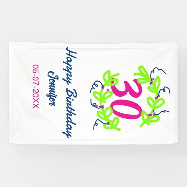 30. Geburtstag grüner blauer Kranz Datum rustikal  Banner (Horizontal)