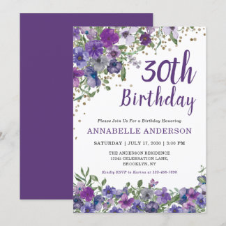 30. Geburtstag Lila florale Gold Confetti Dots Einladung