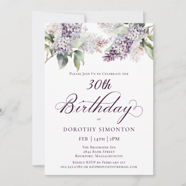 30. Geburtstag Lila Spring Lilac Blume Einladung (Vorderseite)