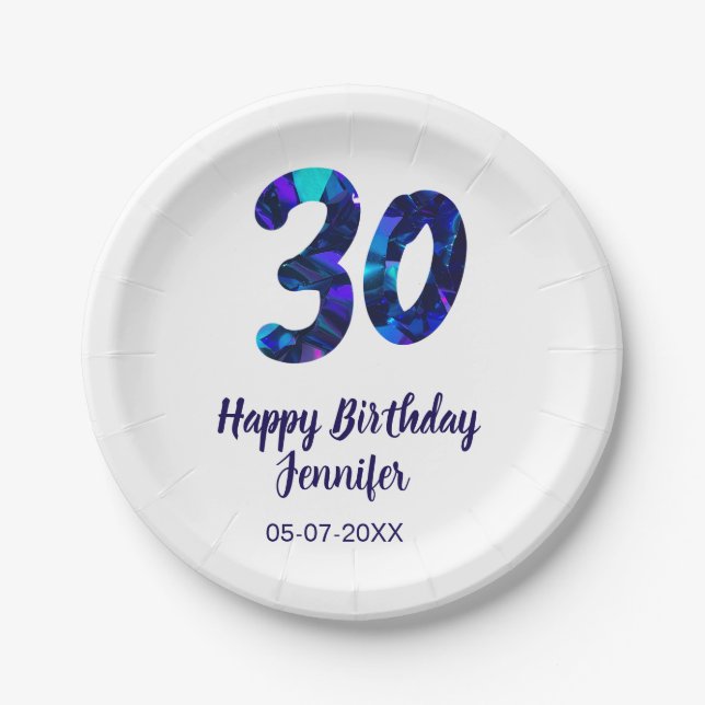 30. Geburtstag Name Datum Jahr blau funkelnd  Pappteller (Vorderseite)
