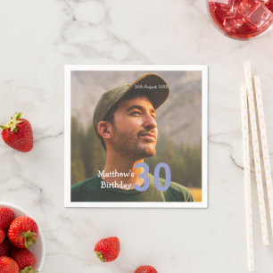 30. Geburtstag Name Foto Datum Mann Blau Weiß Serviette