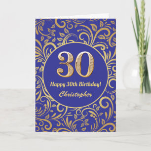 30. Geburtstag Navy Blue and Gold Floral Muster Karte