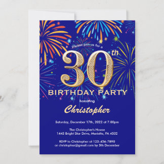 30. Geburtstag Navy Blue and Gold Rainbow Firework Einladung